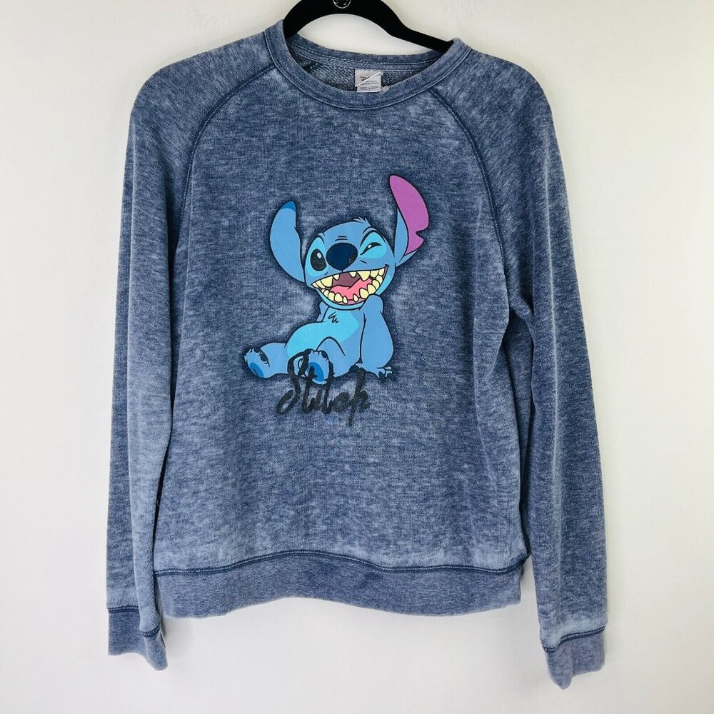 Disney Stitch Womens Size Large Pull Over Sweatshirt Blue Long Sleeve Crew Neck